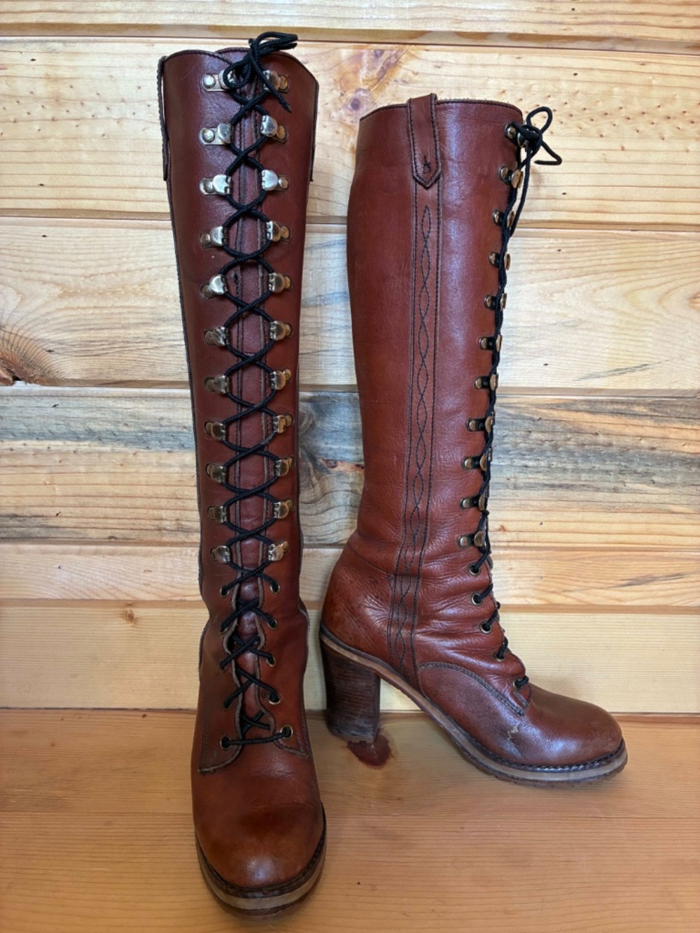 1970's Lace Up Campus Boots tall brown leather - Picture 5 of 13